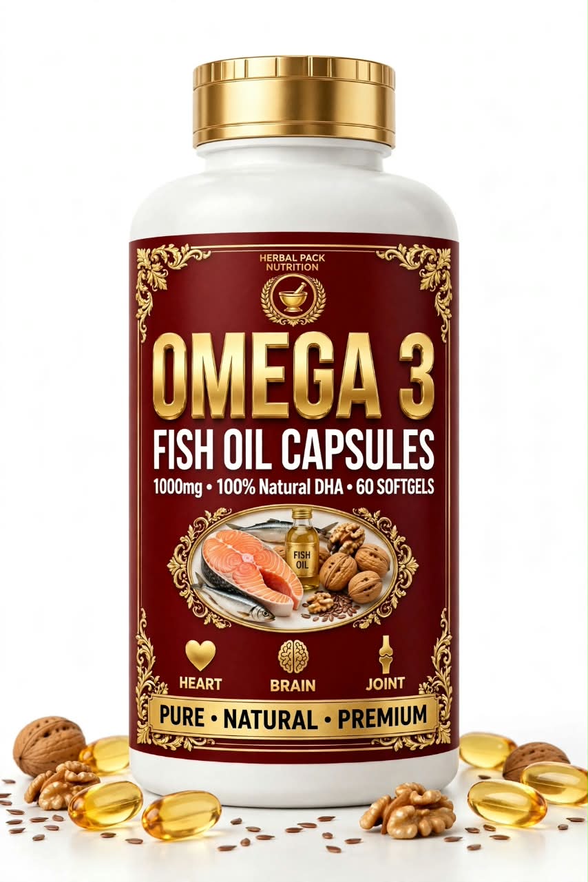 Herbal Pack Nutrition Omega 3 bottle with burgundy label and gold cap
